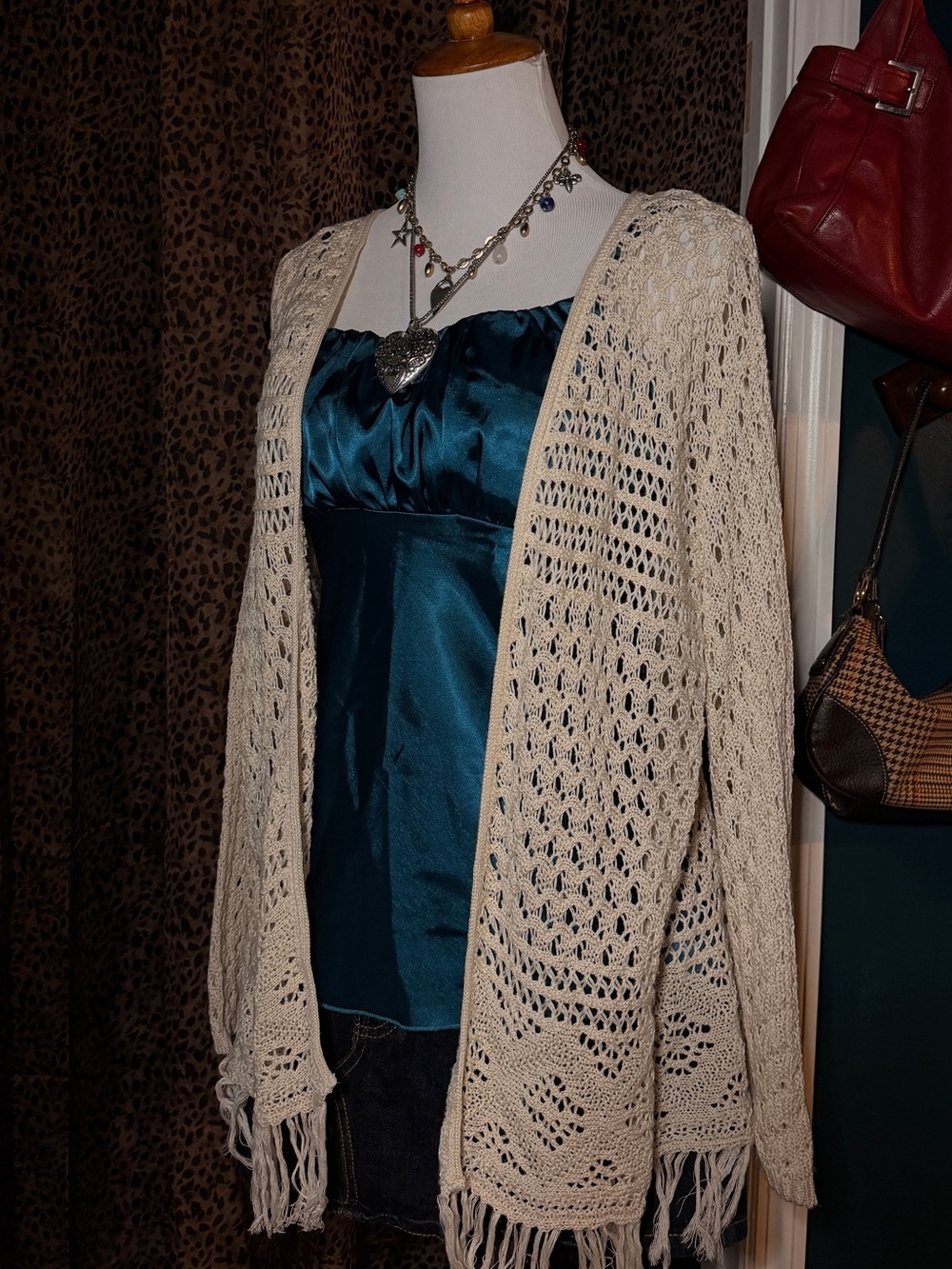 Boho Crochet Open-Knit Fringe Cardigan - Cream
